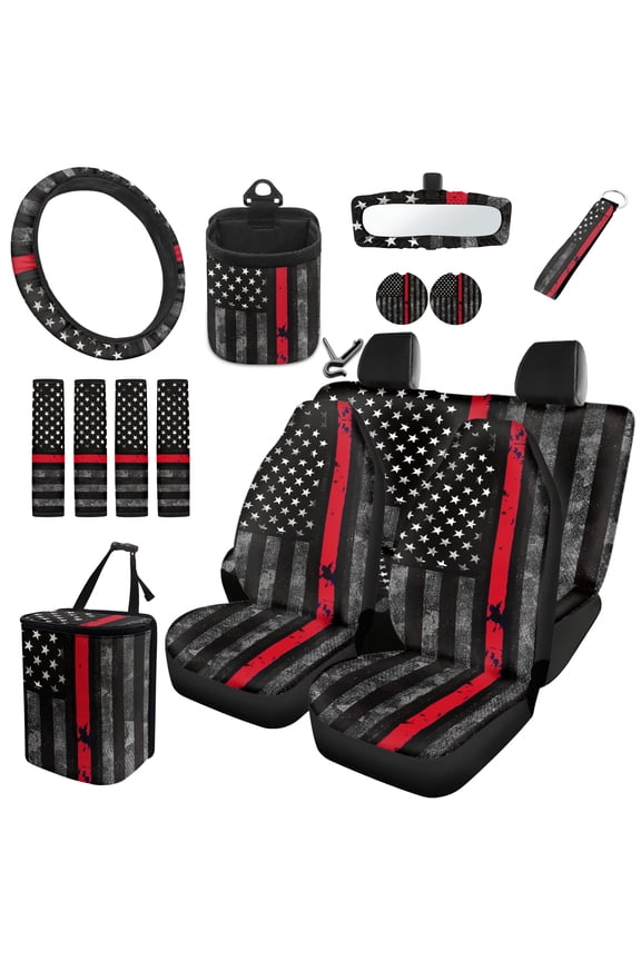 American Honoring Firefighter Flags Car Seat Cover with Steering Wheel Seatbelt Pad Trash Bin Air Vent Storage Holder Rear View Mirror Cover Cup Holders Keychain for Car Decor