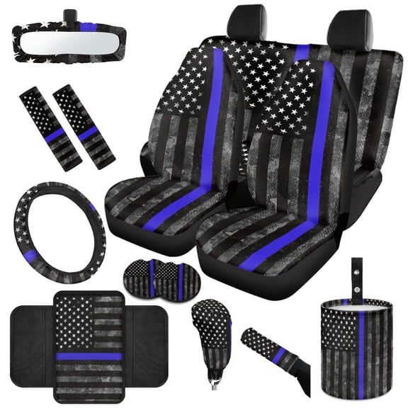 Jeiento American Police Flag Auto Accessory Set of 14 Car Seat Protector Steering Wheel Cover Seat Belt Covers Arm Rest Cushion Trash Can Rearview Mirror Cover Car Handbrake Cover Cup Coasters