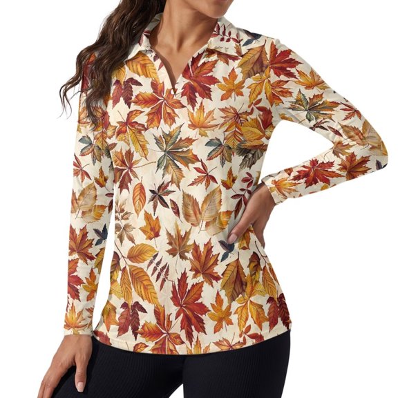 Jeiento Autumn Maple Women's Golf Shirts, Moisture Wicking Fall Sports Tops, Long Sleeve V Neck Quick Dry Comfortable Top for Jogging, Hiking and Daily Wear