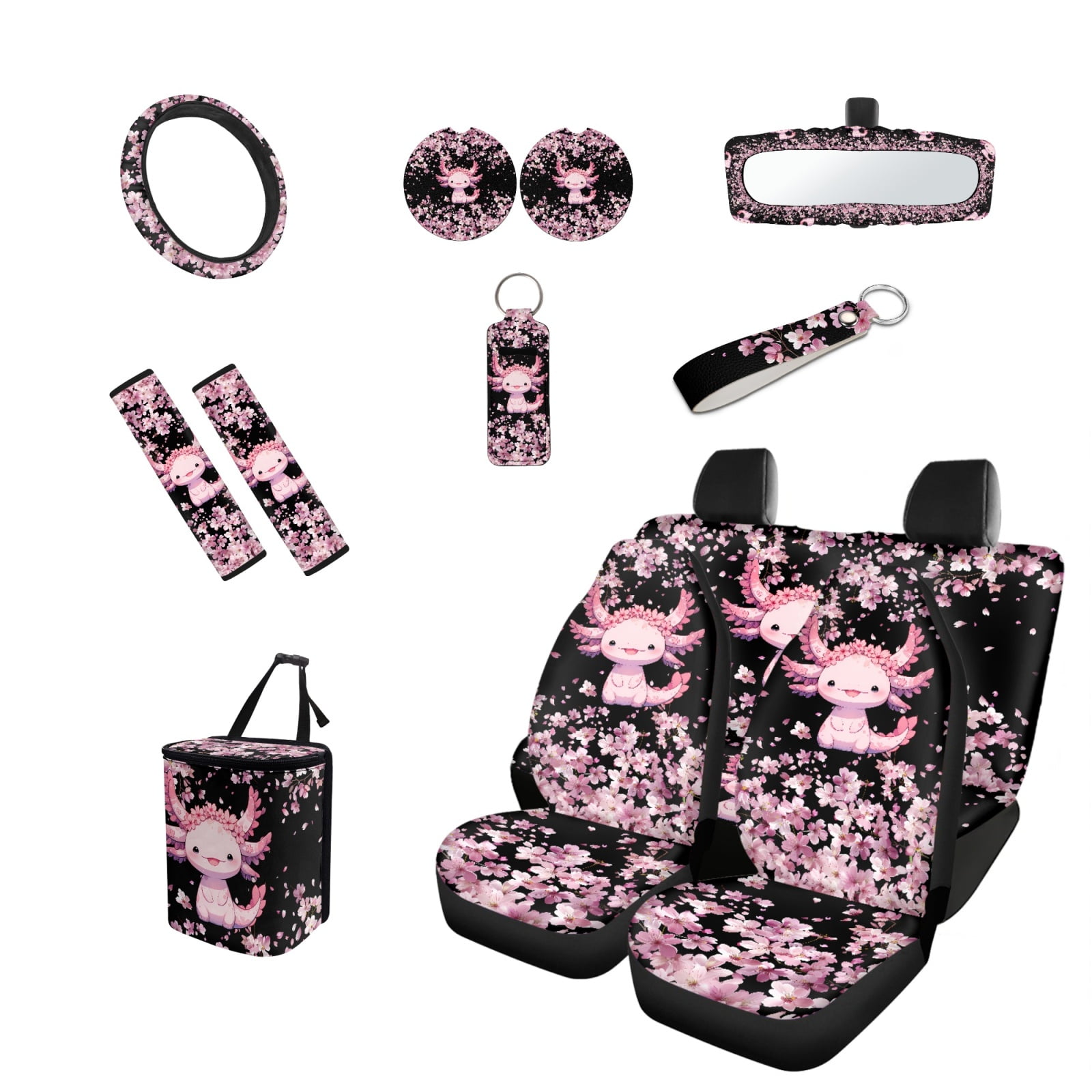 Jeiento Axolotl 13 Pcs Interior Automotive Accessory Set with Car Seat Covers Steering Wheel Cover Car Seatbelt Cover Pink Cherry Blossom Trash Can Car Rear View Mirror Cover Coasters Keychains