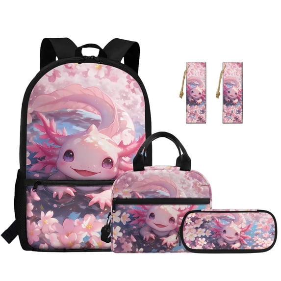Jeiento Axolotl 17 Inch Kids Backpack Set 5 Pcs Lightweight Breathable Girls School Bag with Lunch Bag, Pencil Case and Bookmarks for 9-12 Years Old