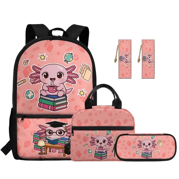 Jeiento Axolotl 17 Inch School Backpack Set 5 Pcs Cartoon Girls Lightweight School Bag with Lunch Bag, Pencil Case and Bookmarks for 9-12 Years Old