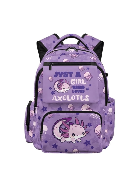 Axolotl Backpack for Girls 17 Inch Lightweight School Bag with 600D Tear Resistant & Padded Tablet Sleeve, Cartoon Bookbag for Grades 3-6 Ages 9-12