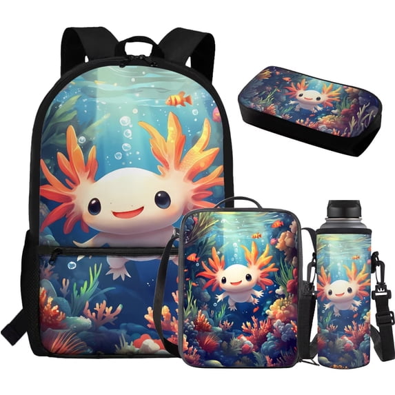 Jeiento Axolotl Backpack for Girls 17 Inch School Bag with Lunch Box Set 4 Piece Kids Cute Bookbag with Lunchbox Pencil Case Water Bottle Sleeve Elementary Middle Schoolbag Blue Ocean