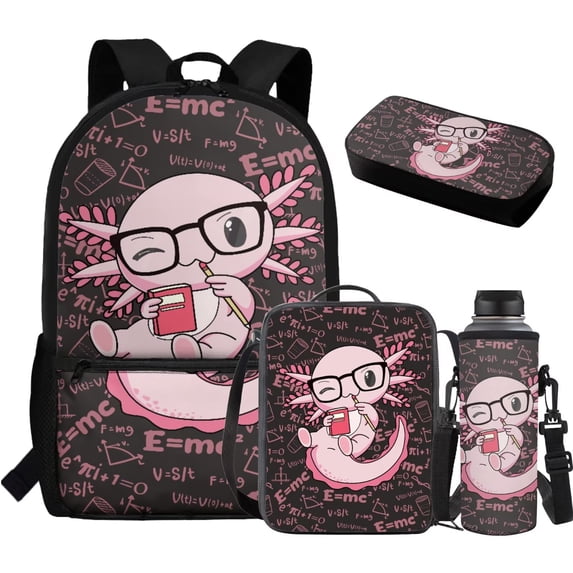 Jeiento Axolotl Backpack for Girls 4-6 6-8 8-12 Kids Bookbag with Lunch Box and Pencil Case Water Bottle Holder 4Pcs/Set Elementary Schoolbag Math Formula Children Daypack Preschool Back Packs