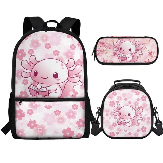 Jeiento Axolotl Backpack for Girls 8-10 10-12 Elementary School Boobags with Lunch Box Pencil Case Pink Flower Kindergarten Middle School Bag Rucksack for Kids Child Back To School Satchel