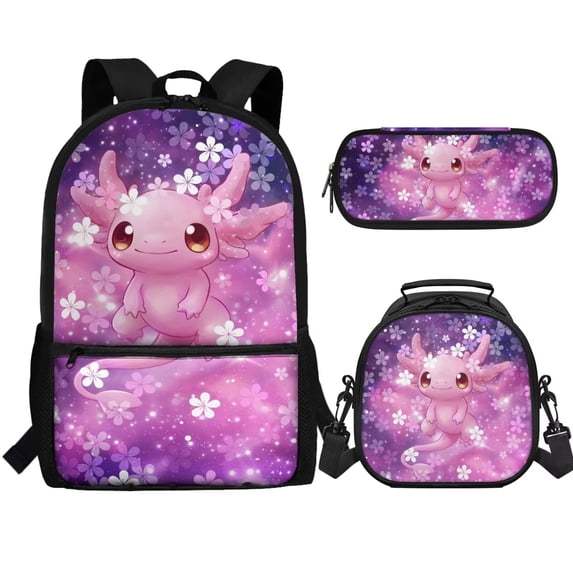 Jeiento Axolotl Backpack for Girls Kids Book Bag with Lunch Box and Pencil Pouch 3PCS Set Bookbag with Compartments for School Flower 17 inch Large School Bag, Purple