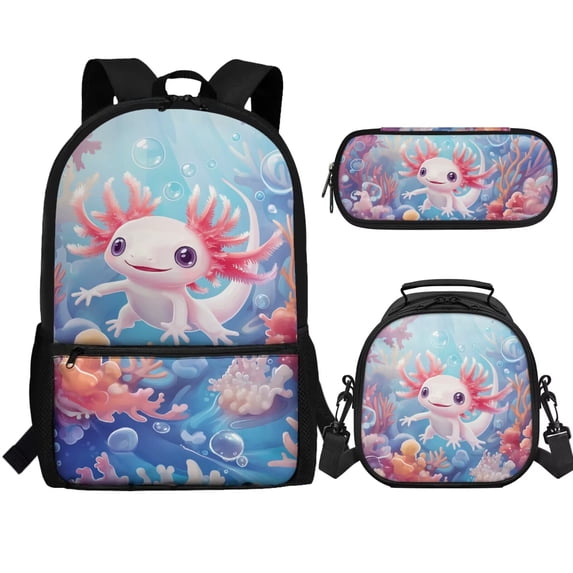Jeiento Axolotl Backpack with Lunch Bag for Girls 8-12 Cute Book Bag for Kids 3 in 1 Elementary School Bag Set Lunch Box Pencil Bag Blue Ocean Children Bookbag for 4th 5th Grade