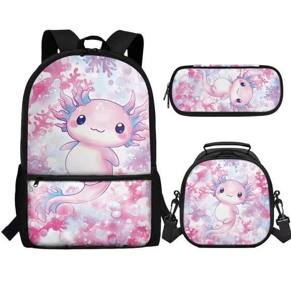 Jeiento Axolotl Backpack with Lunch Box for Girls 9-10/11-12 Elementary School Bag with Lunch Bag Pencil Case Primary School Bookbag 4th Grade/5th Grade Book Bag Cute Kids Backpacks, 3 Pcs, Pink