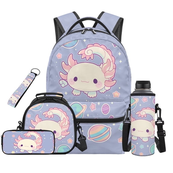 Jeiento Axolotl Backpack Set of 5 Cte 17 Inch Waterproof Backpack with Lunch Bag Pencil Pouch for 9-12 Years Old Kids Elementary to Middle School