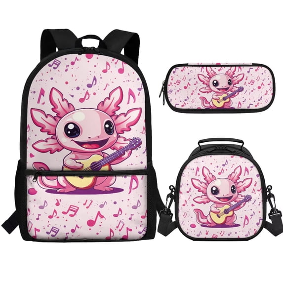 Jeiento Axolotl School Bags for Girls 7-10 10-12 Kids Backpack Set with Lunch Box Pencil Case Music Note Elementary School Back Pack Preschool Kindergarten Bookbag Travel Daypack Black, Pink
