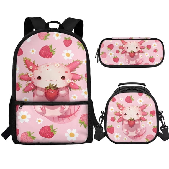 Jeiento Axolotl Strawberry Kids Backpack with Lunch Box Girls Elementary School Bags Pink Bookbag and Lunch Bag Set Pencil Case Kindergarten Primary Schoolbag Back Packs Travel Daypack, 3 in 1
