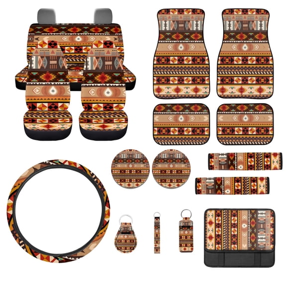 Jeiento Aztec African Tribal Car Seat Cover Full Set Car Floor Mats Steering Wheel Cover Seatbelt Cover Armrest Cover Coaster Keychains Lipstick Holder 17 Pack Auto Interior Accessories Set