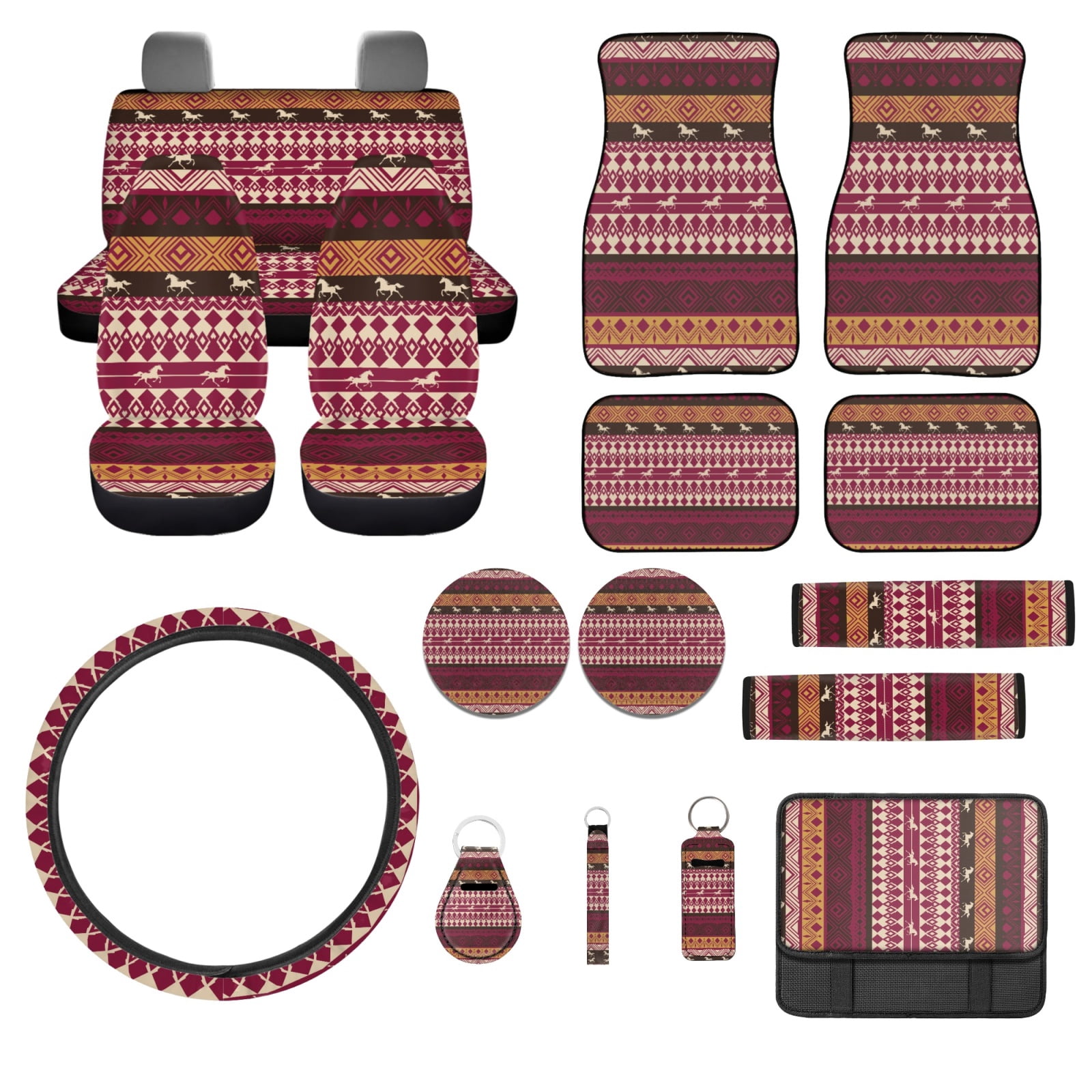 Jeiento Aztec Car Seat Cover Full Set Non Slip Car Floor Mats African Tribal Horse Steering Wheel Cover Seatbelt Pad Armrest Cover Cup Coaster Keychains Lipstick Holder Auto Accessories Set 17pcs