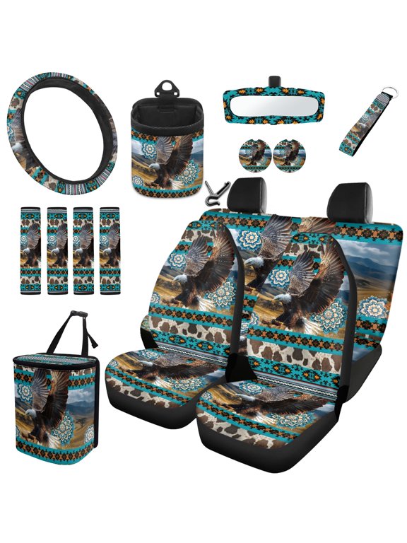 Aztec Eagle Cow Print 15 Pcs Car Front and Back Seat Cover Steering Wheel Cover Seatbelt Strap Cover Garbage Can Southwest Aztec Rear View Mirror Protection Keychain for SUV/Sedan/Truck