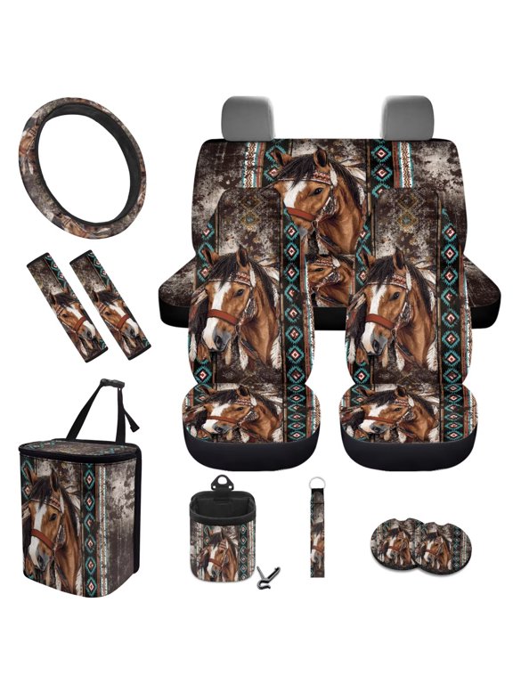 Aztec Horse Car Seat Cover Split Covers for Women Men, Steering Wheel Cover Seat Belt Strap Pad Trash Bag Mount Phone Holder Cup Holder Purple Rose Key Chain, 12 PCS