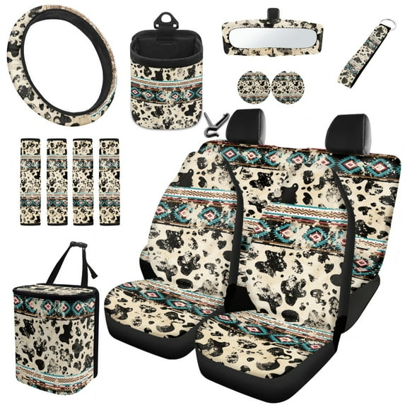 Jeiento Aztec Leopard Design Car Accessories Car Seats Cover Protector with Seat Belt Pads/Coasters/Keychains/Rearview Mirror Cover/Car Trash Bin/Air Vent Storage Holder/Steering Wheel Cover