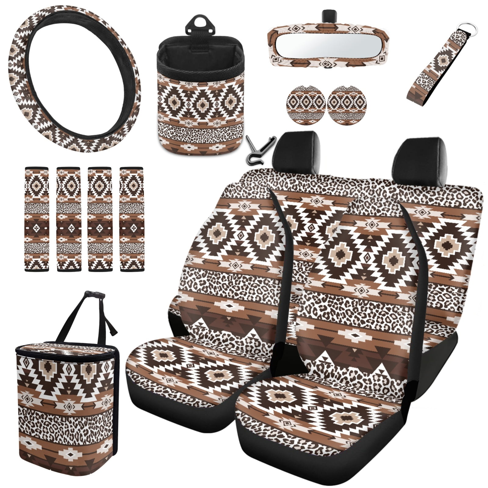 Jeiento Aztec Leopard Seat Covers Full Set for Car with Trash Bin Cup Holder Steering Wheel Cover Seat Belt Shoulder Pad Keychain Rear View Mirror Protector Air Vent Storage Bag Car Accessories