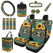Jeiento Aztec Sunflower Car Seat Covers Includes Front and Rear Seat Covers Automotive Car Garbage Rear View Mirror Protector Car Keychain Cup Holder Seatbelt Cover Car Steering Wheel Cover 15 PCS