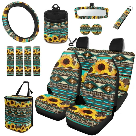 Jeiento Aztec Sunflower Car Seat Covers Includes Front and Rear Seat Covers Automotive Car Garbage Rear View Mirror Protector Car Keychain Cup Holder Seatbelt Cover Car Steering Wheel Cover 15 PCS