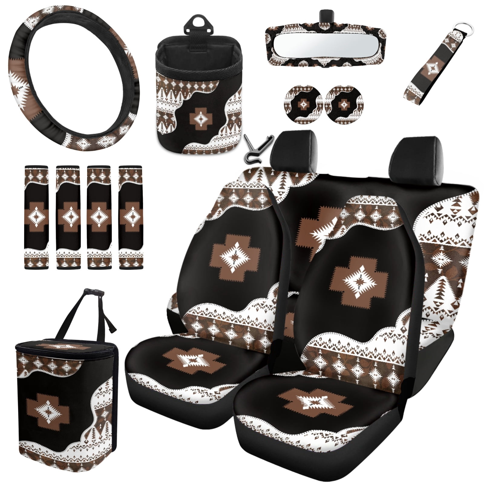 Jeiento Aztec Tribal Style Car Accessories with Seat Covers Rear View Mirror Protector Kechains Coasters Air Vent Storage Bag Seat Belt Strap Pad Trash Bag Steering Wheel Cover for Men
