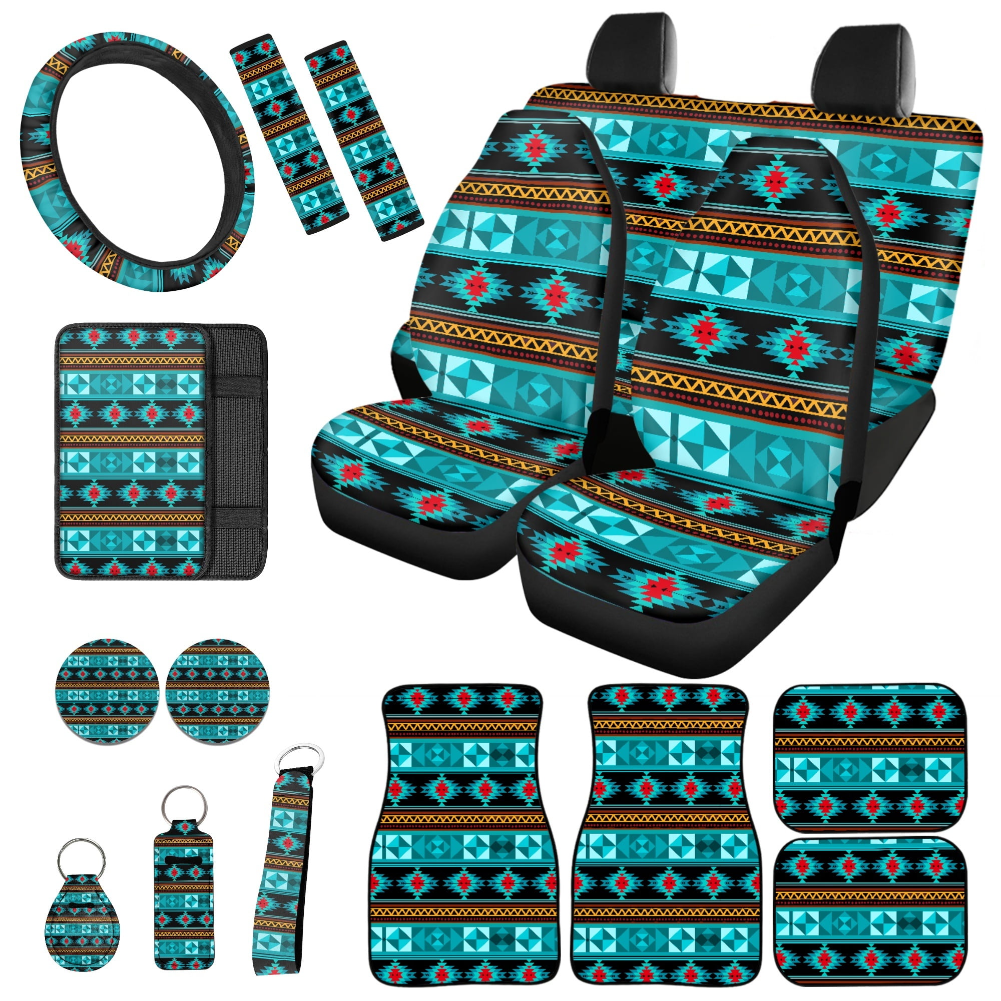 Jeiento Aztec Turquoise Car Accessories Full Set for Men, Navajo Design Automotive Vehicle Seat Cover, Decorative Car Floor Mat Steering Wheel Cover Center Console Pad Universal Fit