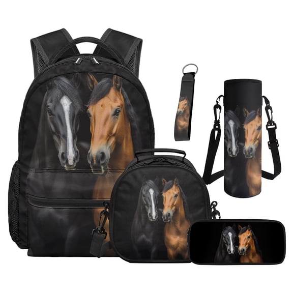 Jeiento Backpack and Lunch Box Set for Boys Girls Elementary Students, 5 Piece Dual Horse Backpack Set, Water Resistant Large Capacity Daypack for Back to School