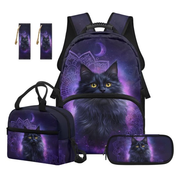Jeiento Backpack And Lunch Box Set for Girls Kids 17 Inch Water Resistant Backpack Large Capacity 4 Piece School Bookbag with Pencil Case, 2 Bookmarks, Galaxy Mandala Cat Print