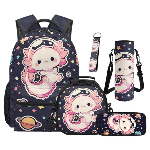 Jeiento Backpack and Lunch Box Set for Kids Boys Girls Elementary, 16 Inch Water Resistant Large Capacity Bookbag 5 Pcs Space Axolotl Backpack with Pencil Case, Bottle Holder, Keychain