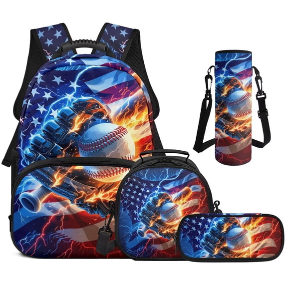Jeiento Baseball 4 Piece Girls School Backpack Set with Lunch Box Pencil Case Water Bottle Holder American Flag 17 Inch Large Capacity Schoolbag with Adjustable Padded Straps for Elementary