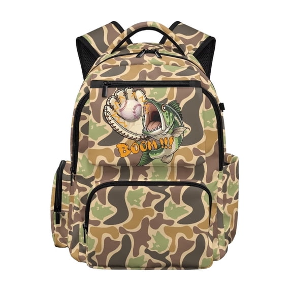 Jeiento Baseball Bass Fish School Backpack for Boys 8-10 Camo Bookbags 17 Inch Portable Handle Knapsack with Zipper Multi Compartments School Bag