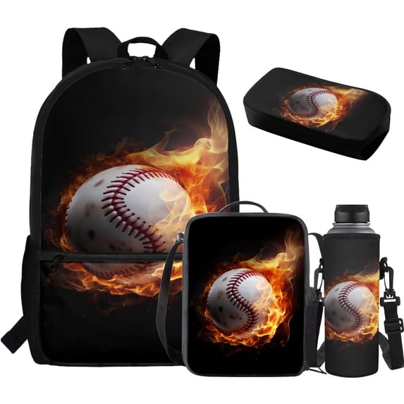 Jeiento Baseball Bookbag for Boys Backpack Middle School Bag with Lunch Bag Kids Book Bag and Lunch Box Set Cool Flame Elementary Schoolbag Lunchbox Pencil Case Water Bottle Holder 4 in 1