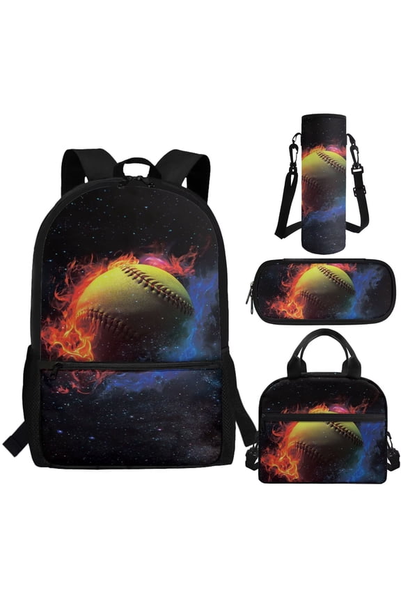 Baseball Bookbag for Boys Backpack Middle School Bag with Lunch Bag Kids Book Bag and Lunch Box Set Elementary School Backpack Lunchbox Pencil Set Water Bottle Holder 4 in 1 Abstract Fire