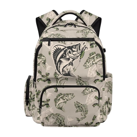 Jeiento Bass Fish Kids Backpack 17 Inch School Backpack for Boys for Grades 3-6 Ages 9-12, Breathable Elementary School Bag with Padded Tablet Sleeve & Multi-Pockets