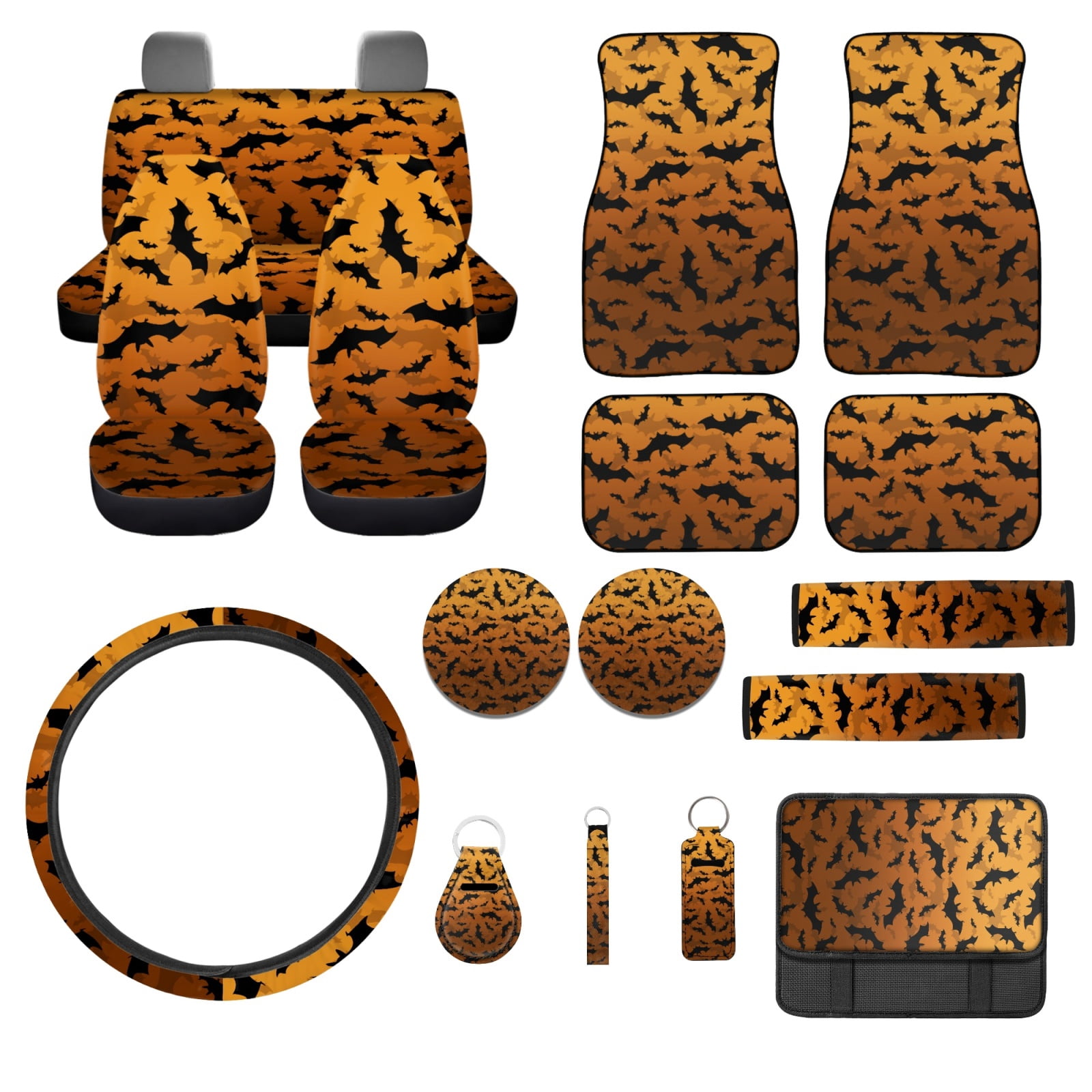 Jeiento Bats Car Seat Cover Set Non Slip Car Floor Mats Steering Wheel Cover Seatbelt Cover Keychains Armrest Cover Keychain Lipstick Holder Yellow 17 Pieces Auto Interior Accessories for Women Men
