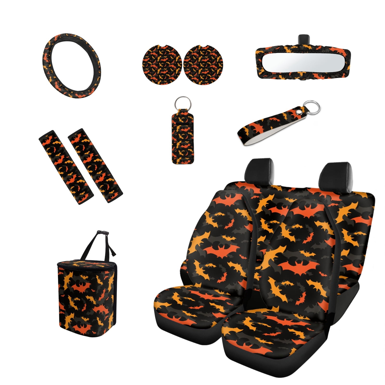 Jeiento Bats Car Seat Covers Full Set of 13 with Car Steering Wheel Cover Seat Belt Pads Car Trash Can Auto Rear View Mirror Cover Car Coasters Chapstick Holder Keychain for Truck SUV