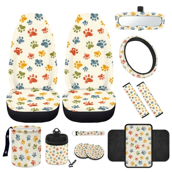 Jeiento Beige Paw Print 12 PCS Front Car Seat Cover with Steering Wheel Cover Seat Belt Pad Armrest Cover Garbage Bag Air Vent Storage Bag Rearview Mirror Cover Cup Holders Key Chain for Truck
