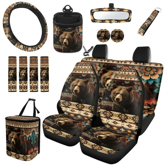 Jeiento Black Bear 15 Pcs Car Front and Back Seat Cover Steering Wheel Cover Seatbelt Strap Cover Garbage Can Southwest Aztec Rear View Mirror Protection Keychain for SUV/Sedan/Truck