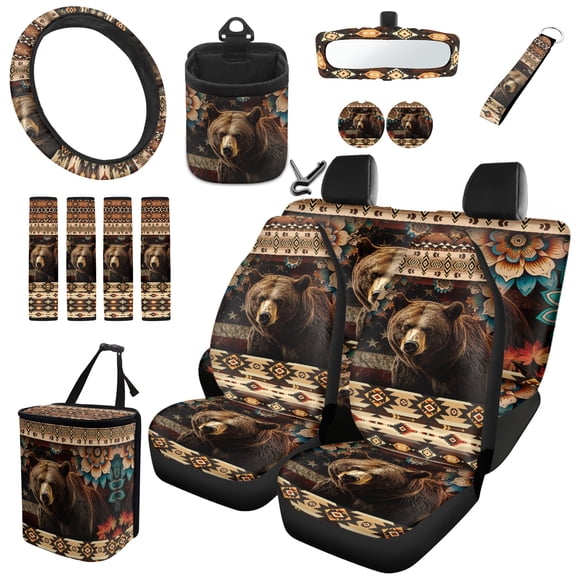 Jeiento Black Bear 15 Pcs Car Front and Back Seat Cover Steering Wheel Cover Seatbelt Strap Cover Garbage Can Southwest Aztec Rear View Mirror Protection Keychain for SUV/Sedan/Truck