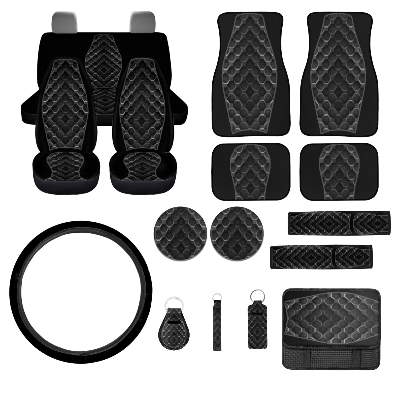 Jeiento Black Car Front Back Seat Covers Full Set of 17 with Car Floor Mats Auto Steering Wheel Cover Seatbelt Pads Car Armrest Cover Cup Coasters Keychains Lipstick Holder Universal Fit