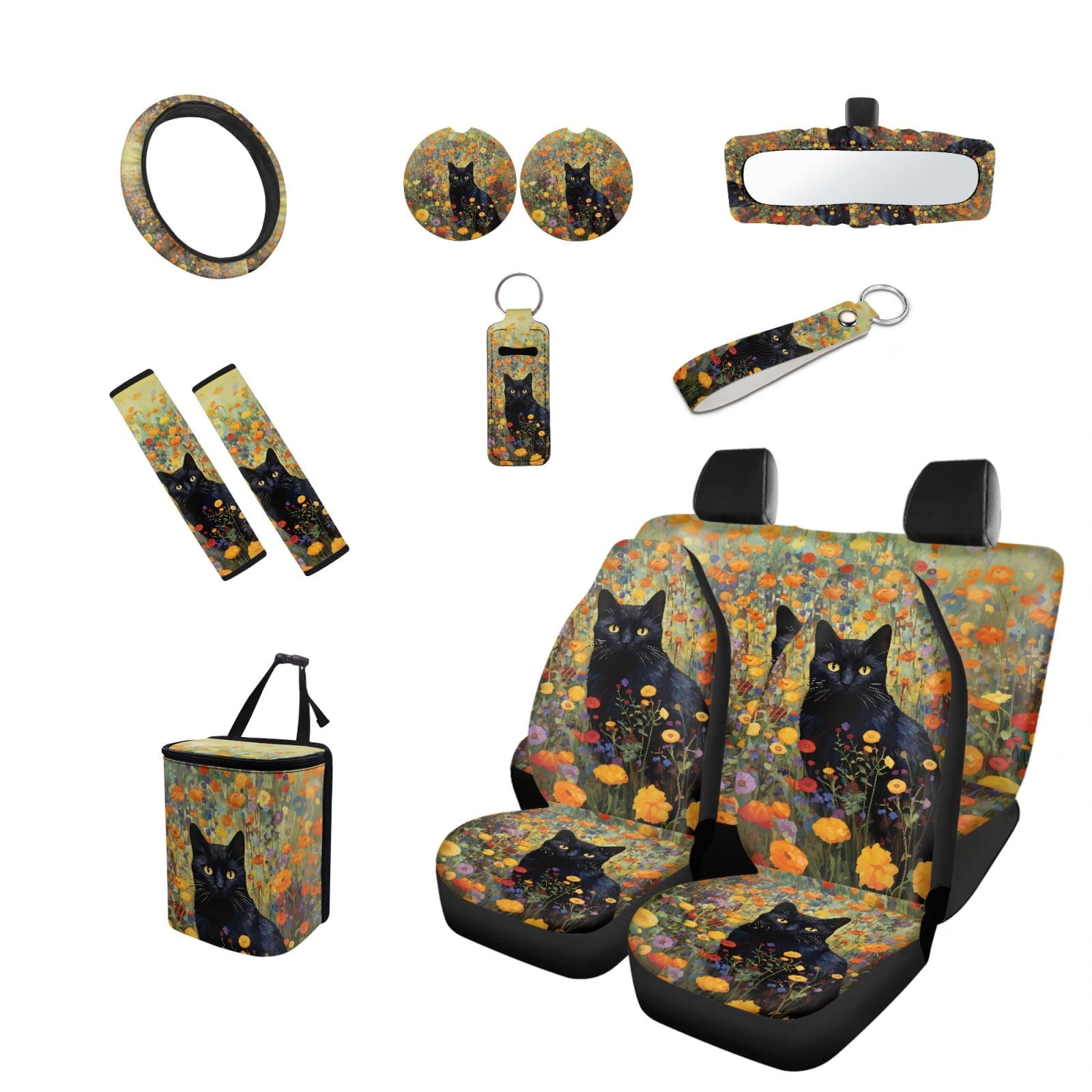 Jeiento Black Cat Car Accessories Sets 13 PCS Car Seat Protector Steering Wheel Cover Floral Seatbelt Shoulder Pad Auto Rear View Mirror Covers Coasters Keychain Lipstick Holder Interior Car Decor