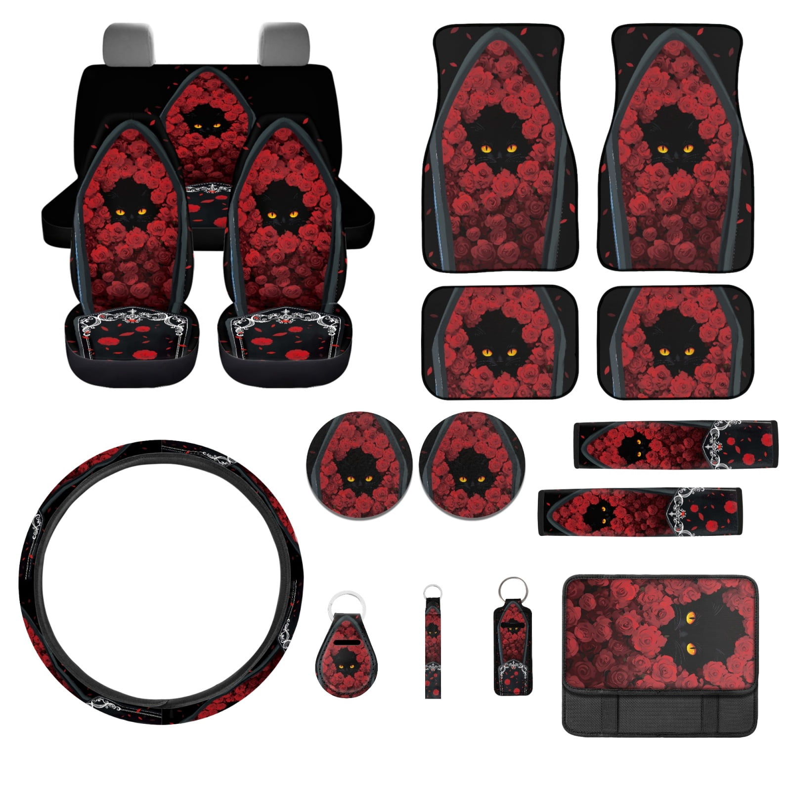 Jeiento Black Cat Car Seat Cover Full Set with Auto Floor Mats Steering Wheel Protector Non Slip Car Seatbelt Pads Armrest Cover Rose Coasters Lipstick Holder Keychain 17pcs Car Accessories Set