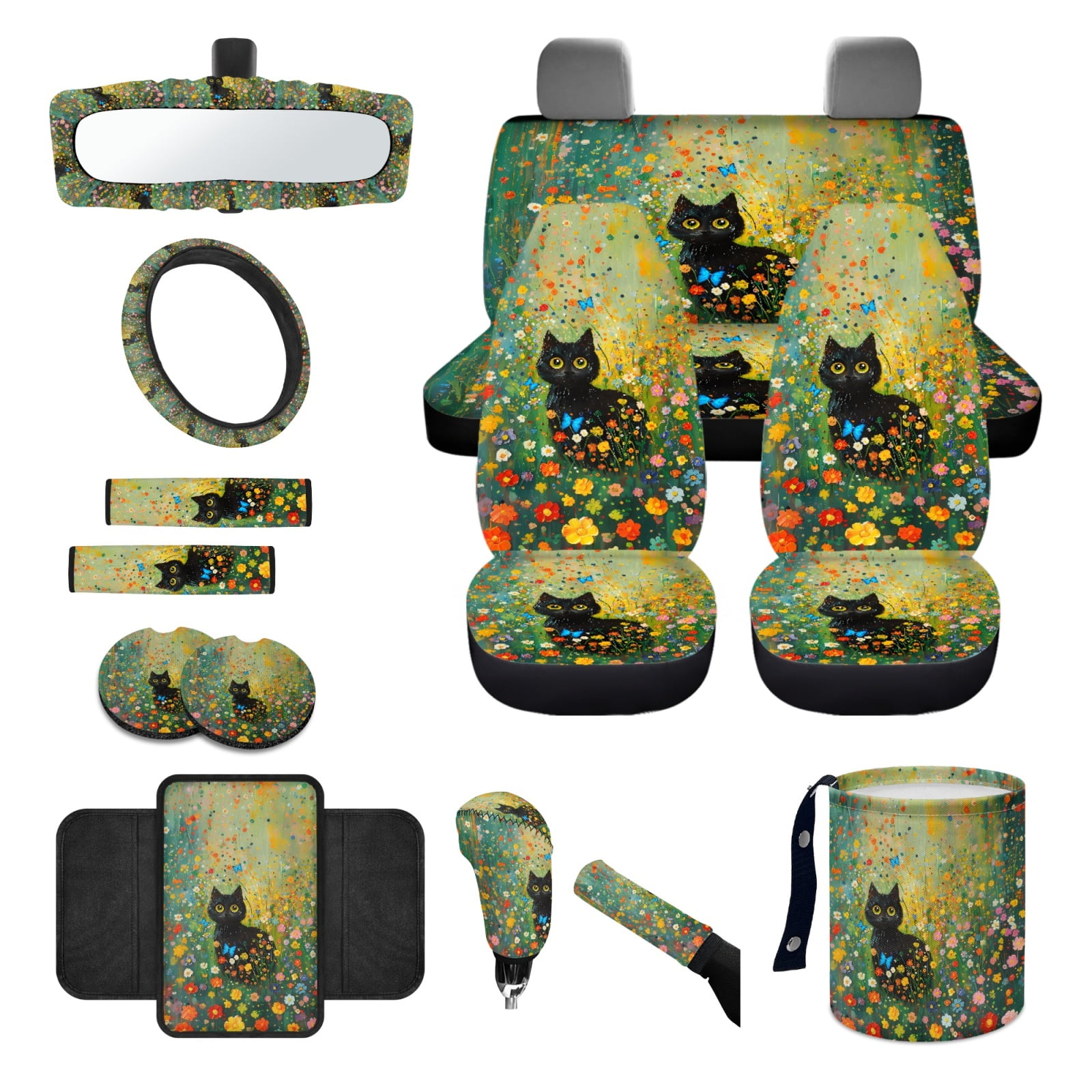 Jeiento Black Cat Car Seat Cover Set with Steering Wheel Cover Seat Belt Covers Waste Bin Center Console Pad Rear View Mirror Cover Floral Handbrake Cover Set Coasters Auto Accessories Set of 14