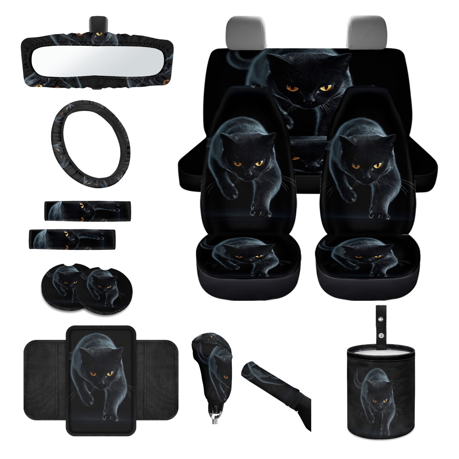 Jeiento Black Cat Car Seat Covers Front Back Seats Set of 14 Steering Wheel Cover Seatbelt Cushion Pad Trash Bin Armrest Cover Cushion Rearview Mirror Cover Gear Shift Knob Cover Set Cup Holder