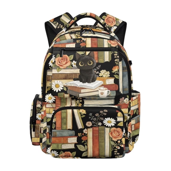 Jeiento Black Cat School Backpack for Girls 17 Inch Spacious Kids Backpack, 600D Tear Resistant & Padded Tablet Sleeve, Cartoon Bookbag for Grades 3-6 Ages 9-12