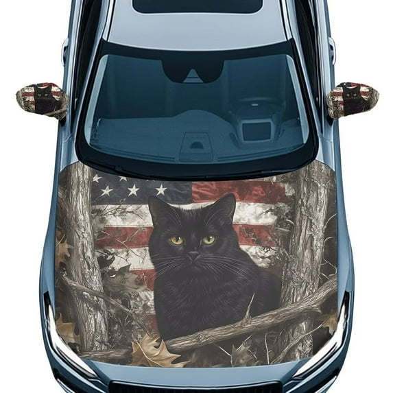 Jeiento Black Cat US Flag Car Hood Cover Pack with Mirror Covers Set of 3 Windproof Car Hood Protector Exterior Rear View Accessories with Two Buckles for Most Sedans New Year Gifts