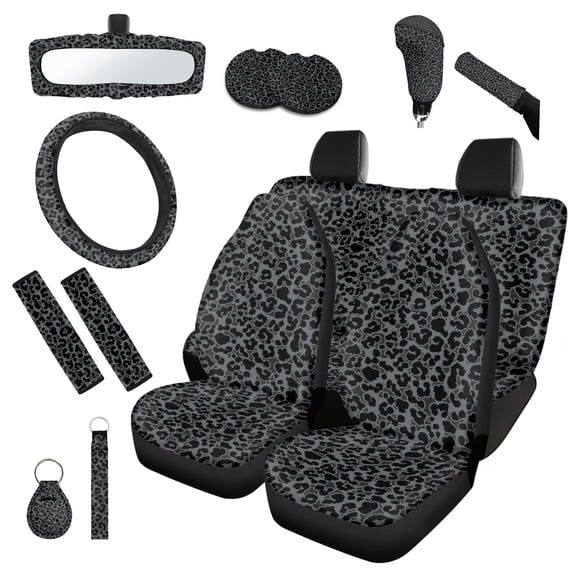 Jeiento Black Leopard Print Car Seat Cover Set 14 PCS, with Steering Wheel Cover Seat Belt Cushion Pad Gear Shift Knob Cover Set Rearview Mirror Cover Coasters Keychain for SUV Trucks Van Sedans