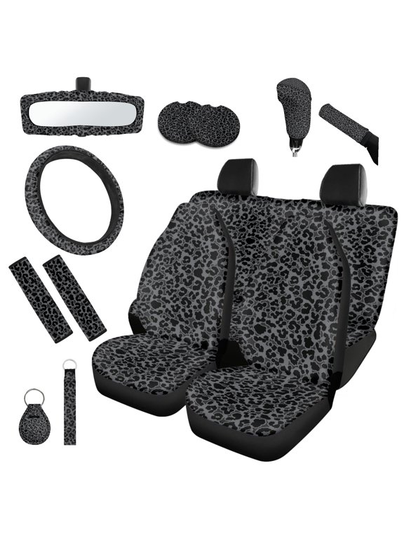 Black Leopard Print Car Seat Cover Set 14 PCS, with Steering Wheel Cover Seat Belt Cushion Pad Gear Shift Knob Cover Set Rearview Mirror Cover Coasters Keychain for SUV Trucks Van Sedans