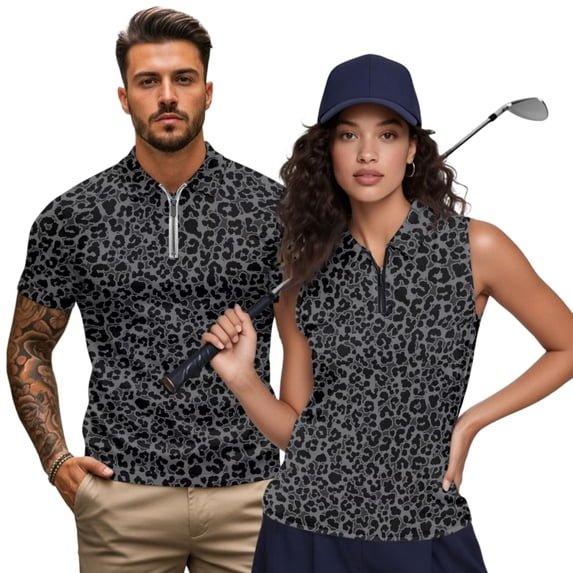 Jeiento Black Leopard Print Matching Golf Shirts for Couples Mens Short Sleeve Zip Collar Golf Shirts Womens Sleeveless Tennis Tank Tops Quick Dry Moisture Wicking Summer Couple Golf Outfit Set