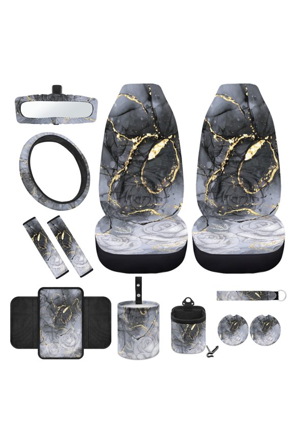 Black Marble Print Car Seat Cover Set Front Seat Cover with Steering Wheel Cover Seatbelt Pads Armrest Cover Trash Can Air Vent Holder Rear View Mirror Cover Coasters Key Chain, 12 Piece